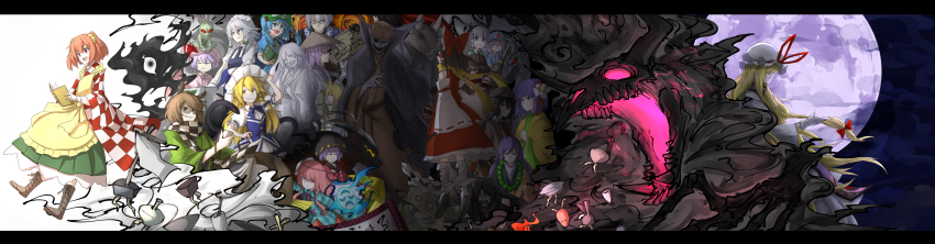 6+girls ajirogasa animal_ears animal_skull apron back bad_id bad_pixiv_id bat_wings bead_necklace beads bell blonde_hair blue_eyes blue_hair book boots bowl bowl_hat braid brown_eyes brown_hair cape chupacabra commentary_request detached_sleeves dress enenra_(touhou) evil_dragon_(touhou) flower forbidden_scrollery fortune_teller_(touhou) fox_ears full_moon futatsuiwa_mamizou ghost glasses gloves gohei grey_hair hair_bell hair_flower hair_ornament hair_ribbon hair_tubes hakurei_reimu hat hata_no_kokoro hieda_no_akyuu highres hijiri_byakuren izayoi_sakuya japanese_clothes jewelry kankan33333 kawashiro_nitori kimono kirisame_marisa konpaku_youmu letterboxed light_purple_hair long_hair maid mask meiji_schoolgirl_uniform mob_cap moon morichika_rinnosuke motoori_kosuzu multiple_girls neck_ribbon necklace necktie oni_of_the_night_parade_scroll open_mouth orange_hair pink_eyes purple_eyes raccoon_ears raccoon_tail red_eyes reisen_udongein_inaba remilia_scarlet ribbon saigyouji_yuyuko scarf shameimaru_aya short_hair skeleton skirt smile smirk snake_youkai_(touhou) sukuna_shinmyoumaru tabard tail touhou triangular_headpiece tsukumogami tupai_(touhou) twin_braids twintails very_long_hair vest white_hair wide_sleeves wings witch_hat yakumo_yukari yellow_eyes youkai_fox_(forbidden_scrollery)