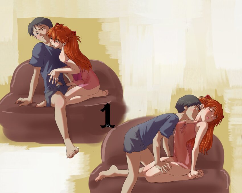 1boy 1girl amondetauro barefoot biting black_hair black_shorts blue_shirt blush camisole commission half_updo hetero highres ikari_shinji interface_headset_(evangelion) long_hair neck_biting neon_genesis_evangelion no_panties open_mouth orange_hair pink_camisole shirt short_hair shorts simple_background souryuu_asuka_langley t-shirt