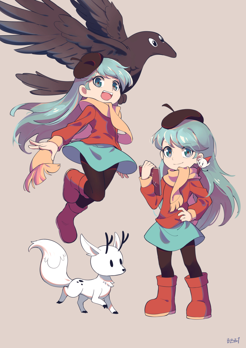 1girl absurdres alfur_(hilda) antlers beret bird black_headwear black_leggings blue_eyes blue_hair blue_skirt book boots brick_st brown_background crow elf great_raven_(hilda) hand_on_own_hip hat highres hilda_(hilda) hilda_(series) holding holding_book horns leggings long_hair looking_at_viewer multiple_views open_mouth pointy_ears red_footwear red_sweater scarf signature simple_background skirt smile standing sweater tail twig_(hilda) wings yellow_scarf