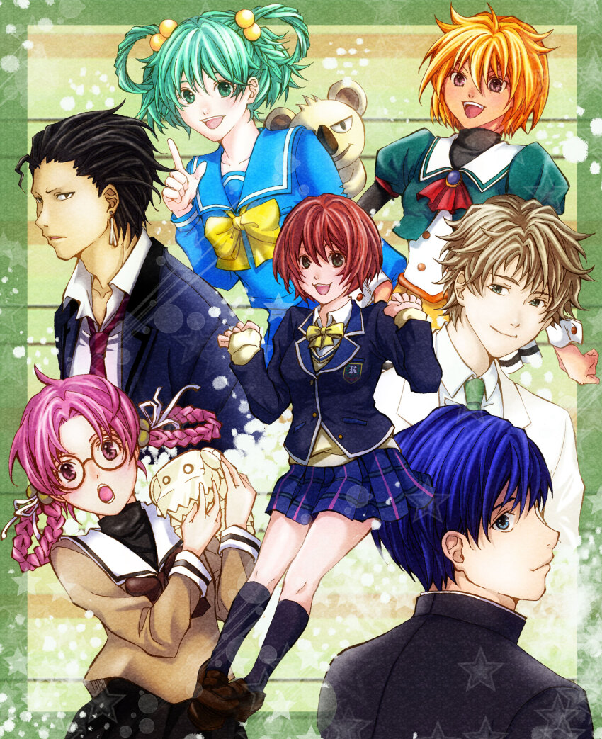 3boys 4girls :d :o aoki_chiharu black_socks blue_eyes blue_hair blue_skirt bow brown_bow brown_hair brown_shirt brown_shoes earrings green_background green_eyes habataki_academy_school_uniform hair_rings hibikino_high_school_uniform highres ijuuin_mei index_finger_raised jewelry kawai_rika_(tokimeki_memorial) kirameki_high_school_uniform koala loafers long_sleeves looking_back multiple_boys multiple_girls nakaharaka necktie open_mouth pink_hair puffy_short_sleeves puffy_sleeves red_hair red_necktie sakurai_kouichi school_uniform shirt shoes short_hair short_sleeves skirt smile socks tatebayashi_miharu tokimeki_memorial tokimeki_memorial_1 tokimeki_memorial_2 tokimeki_memorial_3 tokimeki_memorial_4 tokimeki_memorial_girl&#039;s_side tokimeki_memorial_girl&#039;s_side_1st_love tokimeki_memorial_girl&#039;s_side_2nd_kiss tokimeki_memorial_girl&#039;s_side_3rd_story wakaouji_takafumi wrist_cuffs yanagi_fumiko yellow_bow