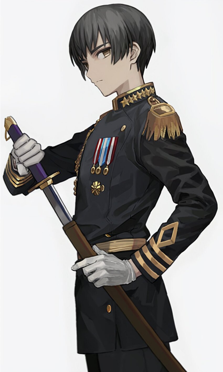 1boy aovbd axis_powers_hetalia belt black_hair black_jacket black_pants buttons closed_mouth cowboy_shot epaulettes from_side gloves hand_up highres holding holding_sword holding_weapon jacket japan_(hetalia) katana long_sleeves looking_at_viewer male_focus medal military_jacket military_uniform pants short_hair simple_background solo standing star_(symbol) star_ornament sword weapon white_background white_gloves yellow_belt yellow_eyes