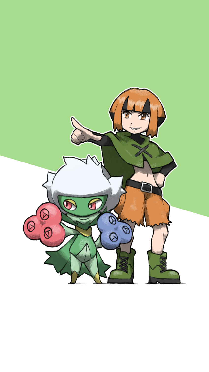 belt black_belt black_hair black_shirt blacknirrow boots closed_mouth commentary english_commentary gardenia_(pokemon) gen_4_pokemon green_background green_poncho half-closed_eyes hand_on_own_hip highres long_sleeves multicolored_hair nintendo orange_boots orange_eyes orange_hair orange_shorts pointing pokemon pokemon_(creature) pokemon_dppt roserade shirt short_hair shorts sidelocks simple_background smile standing two-tone_background two-tone_hair white_background