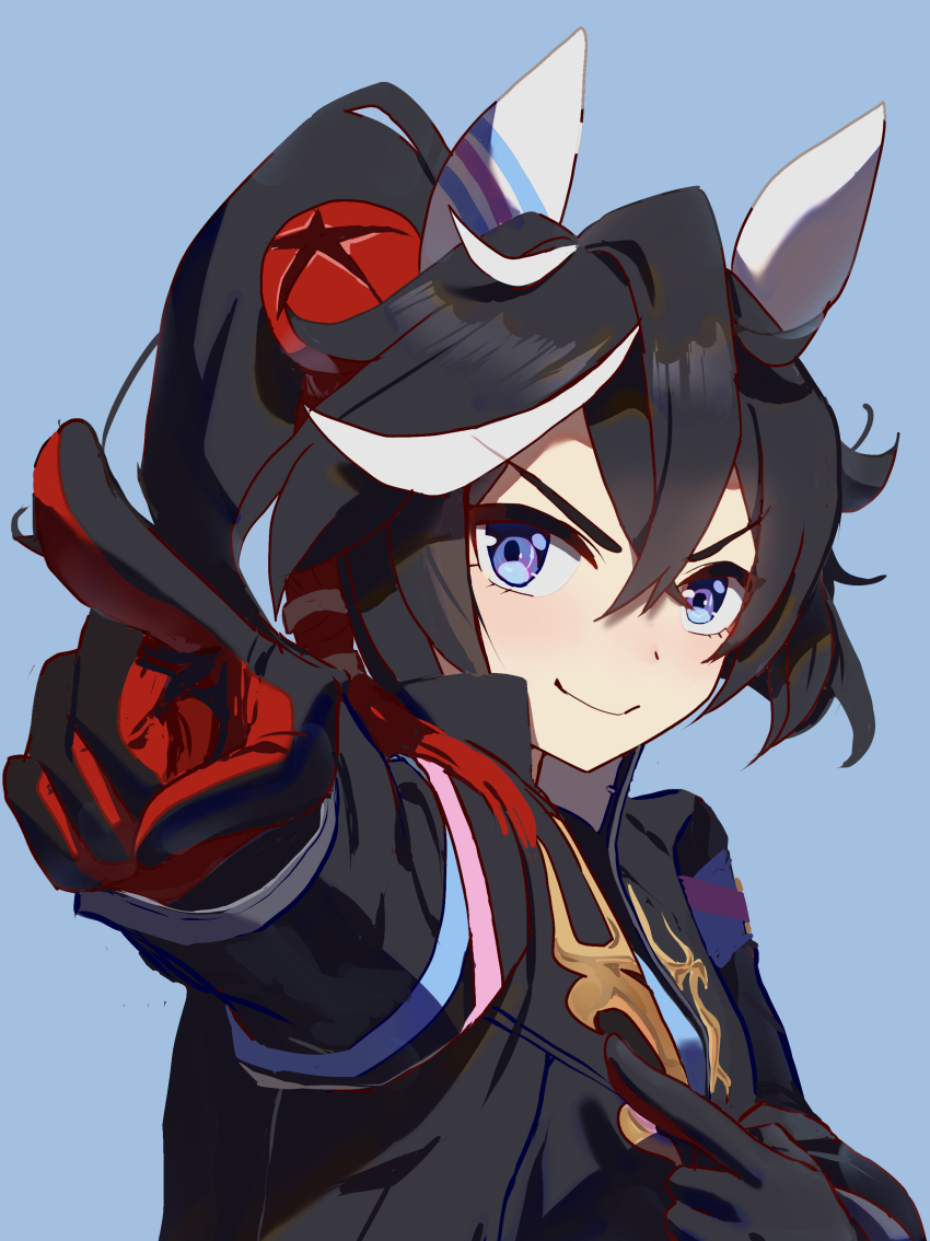 1girl absurdres animal_ears black_gloves black_hair black_jacket blue_background blue_eyes blue_shirt blush closed_mouth commentary_request ear_covers gloves hair_between_eyes hair_ornament highres horse_ears horse_girl jacket katsuragi_ace_(umamusume) long_sleeves multicolored_hair no_uwazumi open_clothes open_jacket pointing pointing_at_viewer red_gloves shirt simple_background smile solo streaked_hair tassel tassel_hair_ornament two-tone_gloves umamusume v-shaped_eyebrows white_hair