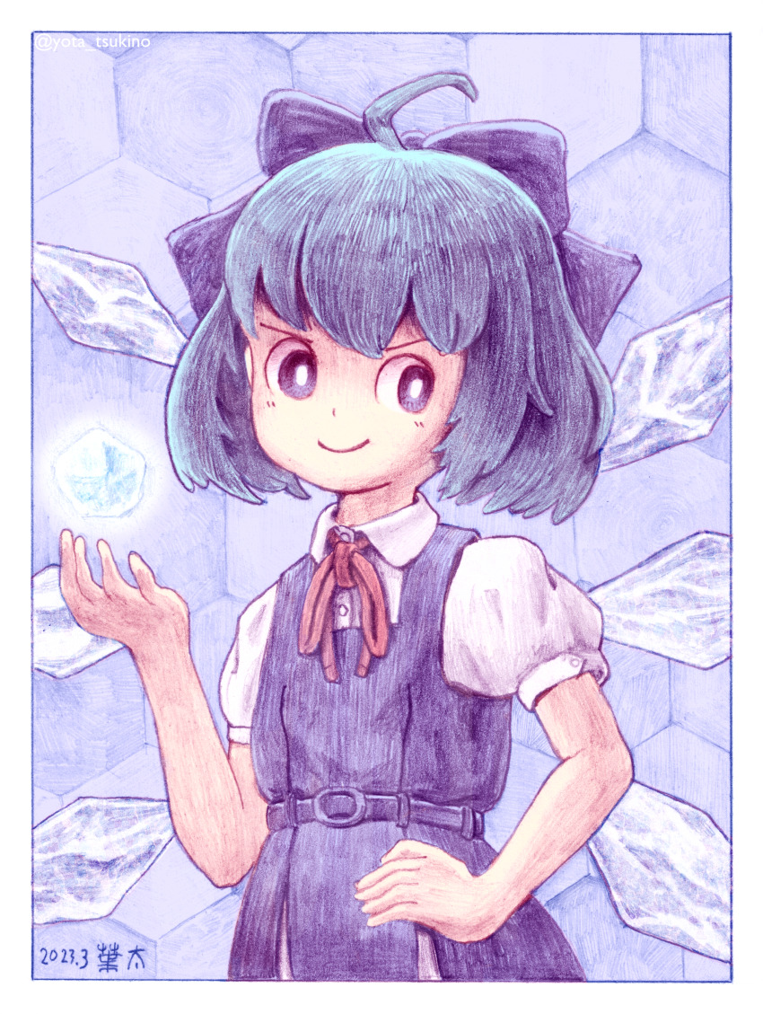 1girl absurdres blue_background blue_dress blue_eyes blue_hair blue_theme bow cirno dated dress hair_bow hand_on_own_hip highres honeycomb_(pattern) honeycomb_background ice ice_wings iqra looking_at_viewer neck_ribbon puffy_short_sleeves puffy_sleeves red_ribbon ribbon short_hair short_sleeves signature smile solo touhou wings