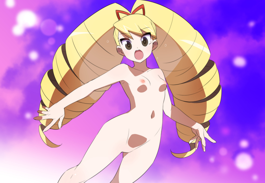 1girl blonde_hair bow breasts completely_nude em_wave_change_(mega_man) hair_bow henshin kaidou_zx long_hair luna_platz_(mega_man) mega_man_(series) mega_man_star_force_(series) navel nipples no_pussy nude open_mouth purple_background red_bow small_breasts surprised variant_set very_long_hair