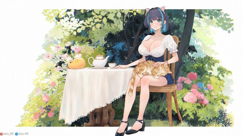 1girl alternate_costume alternate_hairstyle animal animal_ears animal_on_lap azur_lane black_shoes breasts cat cat_ears cat_on_lap cheshire_(azur_lane) cleavage dan-98 fake_animal_ears flower highres huge_breasts manjuu_(azur_lane) mixed-language_commentary on_lap pink_flower puffy_short_sleeves puffy_sleeves round_table shirt shoes short_sleeves sitting solo table teapot white_shirt
