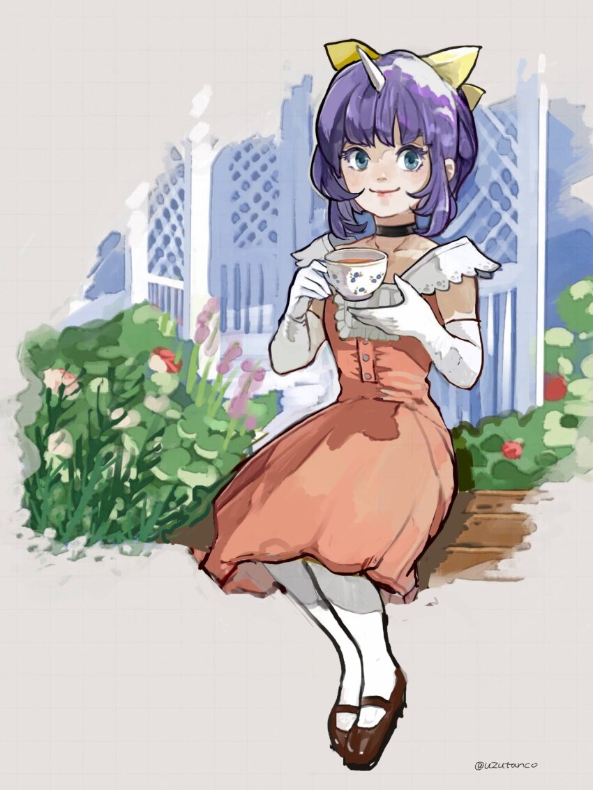 1girl black_choker blue_eyes bow breasts brown_shoes choker closed_mouth dress eiko_carol elbow_gloves final_fantasy final_fantasy_ix full_body garden gazebo gloves hair_bow highres horns looking_at_another mary_janes pantyhose pink_dress purple_hair shoes short_hair single_horn sitting small_breasts smile solo twitter_username uzutanco white_gloves white_pantyhose yellow_bow