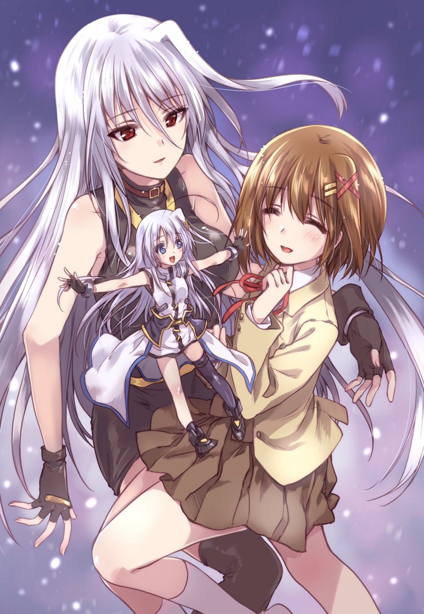 3girls :d black_dress black_footwear black_gloves black_legwear blazer blue_eyes blue_hair blurry blurry_background boots brown_hair brown_skirt closed_eyes commentary_request dress dress_shirt fingerless_gloves floating gloves hair_ornament hairclip half-closed_eyes highres jacket kuroi_mimei light_smile long_hair lyrical_nanoha magical_girl mahou_shoujo_lyrical_nanoha mahou_shoujo_lyrical_nanoha_a&#039;s mahou_shoujo_lyrical_nanoha_strikers mini_person minigirl miniskirt multiple_girls neck_ribbon night night_sky open_mouth outstretched_arms parted_lips pleated_skirt red_eyes red_neckwear reinforce reinforce_zwei ribbon school_uniform seishou_middle_school_uniform shirt short_dress short_hair silver_hair single_hair_intake single_thighhigh skirt sky sleeveless sleeveless_dress smile socks spread_arms thighhighs time_paradox waist_cape white_dress white_legwear white_shirt x_hair_ornament yagami_hayate yellow_jacket