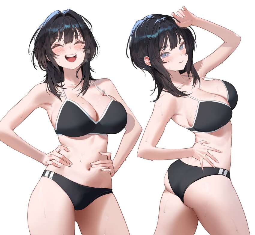 1girl absurdres arm_up ass bare_arms black_bra black_buruma black_hair blush bra breasts buruma cleavage closed_mouth commentary grey_eyes hair_intakes hands_on_own_hips highres large_breasts looking_at_viewer medium_hair multiple_views navel open_mouth original simple_background smile stomach sweat teeth thighhighs thighs twisted_torso underwear upper_teeth_only white_background wonbin_lee