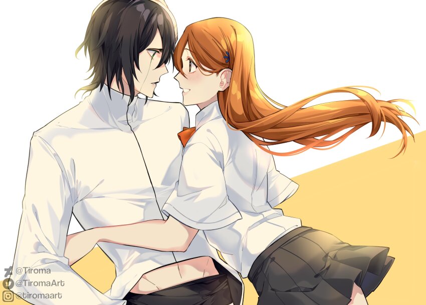 1boy 1girl absurdres black_hair black_pants black_skirt bleach facial_mark hair_behind_ear hair_between_eyes hair_ornament hetero highres inoue_orihime instagram_username long_hair long_sleeves medium_hair midriff_peek neckerchief orange_hair pants parted_lips pleated_skirt red_neckerchief school_uniform shirt short_sleeves skirt smile snowflake_hair_ornament tiroma twitter_username ulquiorra_cifer upper_body white_shirt
