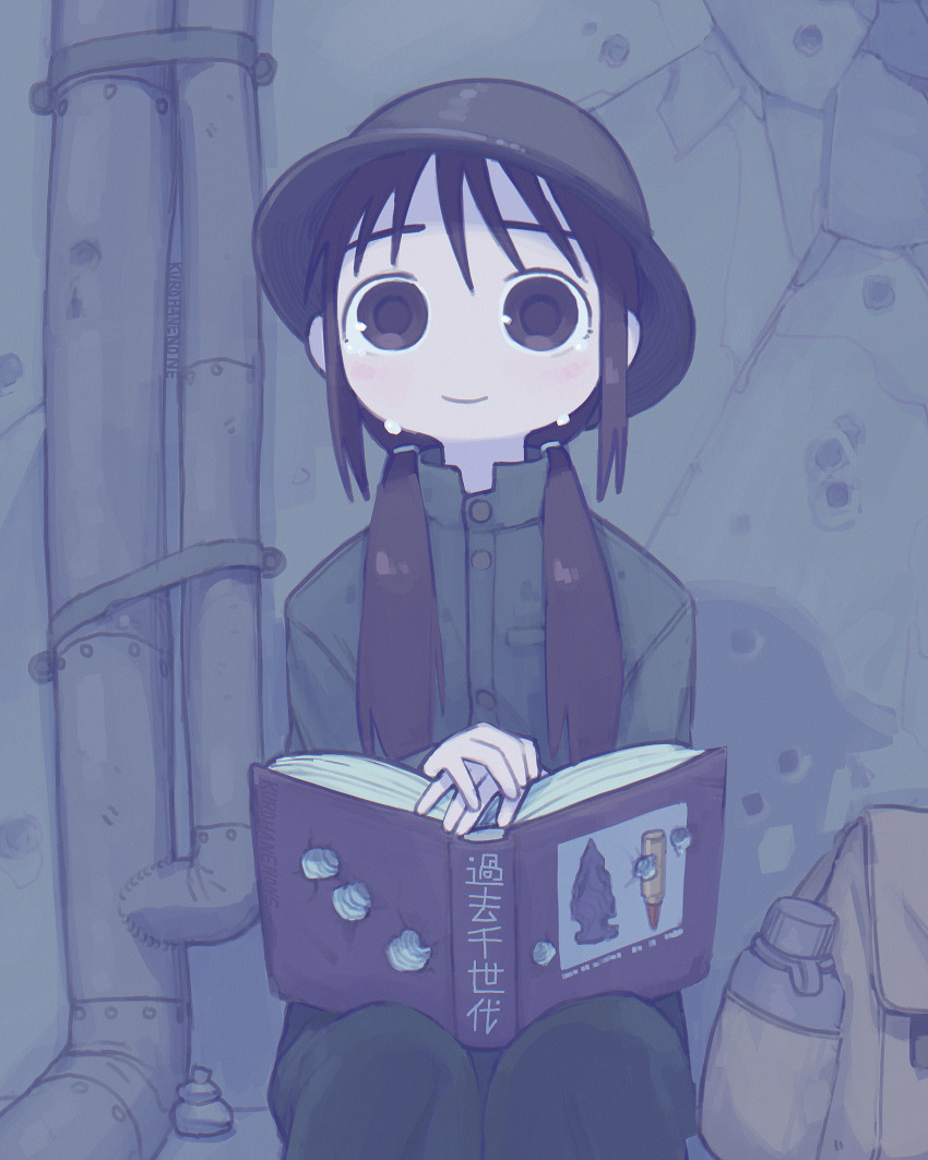 1girl absurdres backpack bag black_eyes black_hair blush book book_on_lap brodie_helmet bullet_hole canteen chito_(shoujo_shuumatsu_ryokou) collared_shirt combat_helmet crack cracked_wall crying crying_with_eyes_open helmet highres holding holding_book industrial_pipe kurohanenone long_hair long_sleeves looking_at_viewer low_twintails military_uniform open_book own_hands_together pants shirt shoujo_shuumatsu_ryokou sitting smile tears twintails