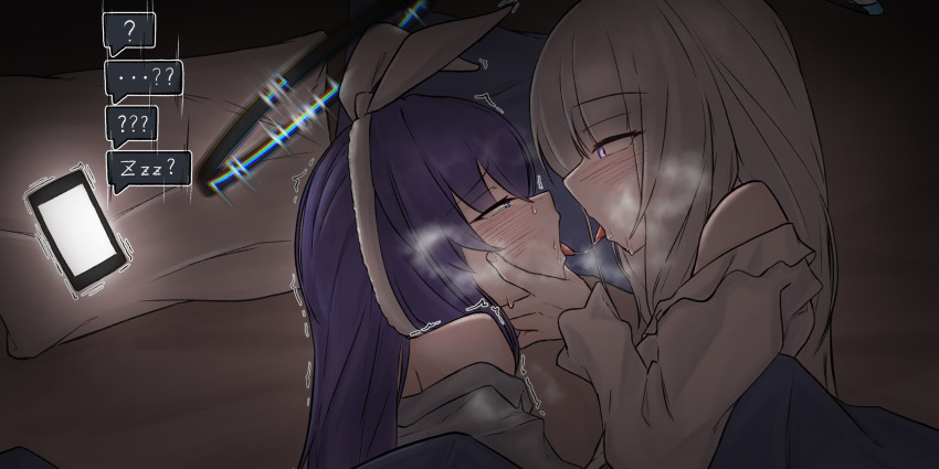 2girls 743_(743rd_bat) after_kiss black_halo blue_archive blue_halo blush cellphone closed_eyes commentary dashed_eyes eye_contact halo highres long_sleeves looking_at_another lying mechanical_halo multicolored_halo multiple_girls noa_(blue_archive) noa_(pajamas)_(blue_archive) on_side open_mouth phone pillow purple_eyes purple_hair saliva saliva_trail short_sleeves smartphone symbol-only_commentary tongue tongue_out trembling two-tone_halo under_covers variant_set white_hair white_halo yuri yuuka_(blue_archive) yuuka_(pajamas)_(blue_archive)
