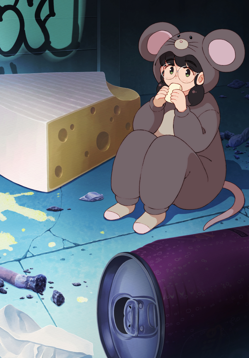 1girl absurdres animal_costume aragon_honnin black_hair can cheese food glasses green_eyes highres holding holding_food long_sleeves low_twintails mouse_costume original round_eyewear short_hair short_twintails sitting solo twintails
