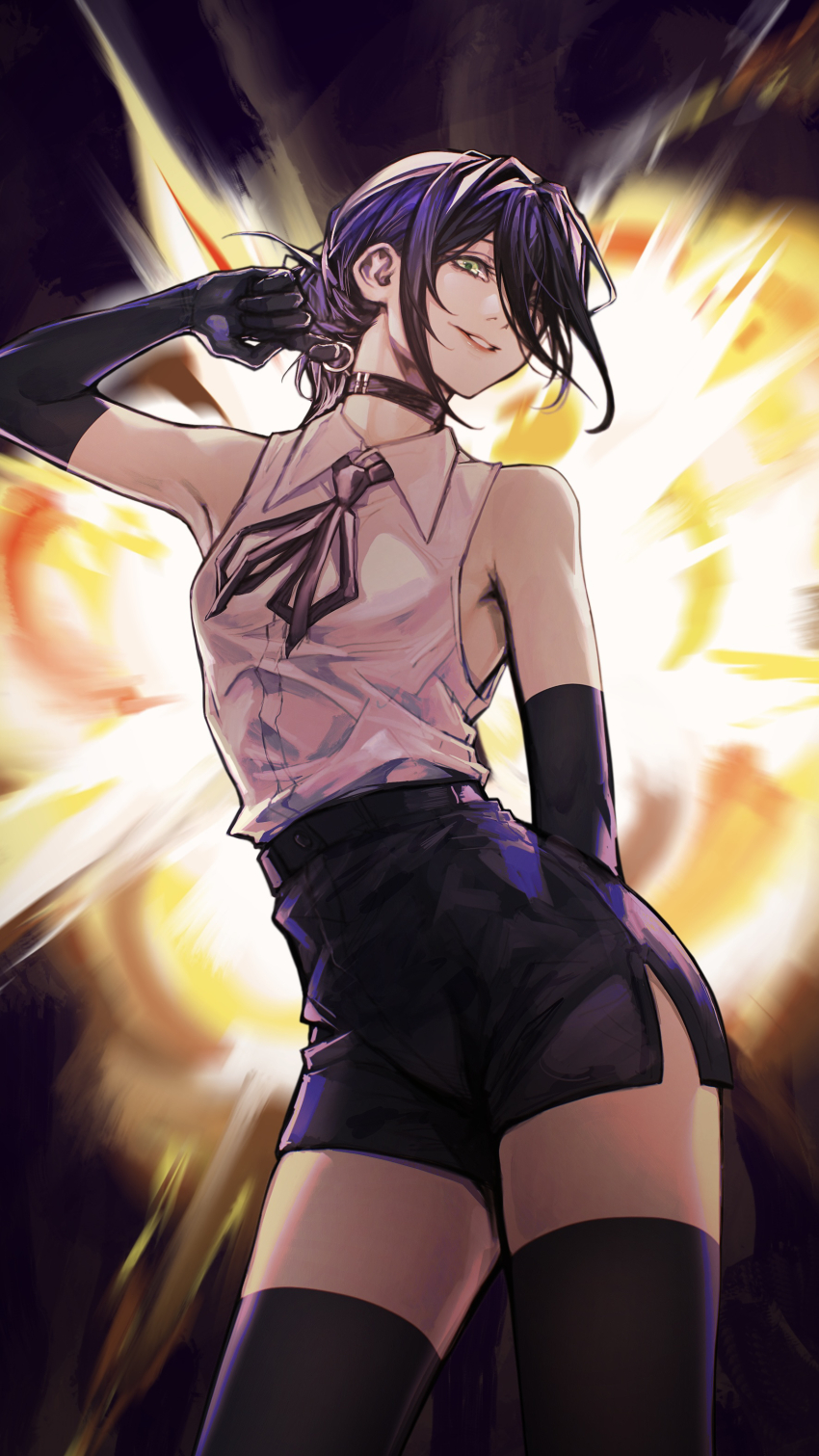 1girl absurdres black_choker black_gloves black_hair black_ribbon black_skirt black_thighhighs chainsaw_man choker deka_yo elbow_gloves explosion explosion_background gloves green_eyes highres reze_(chainsaw_man) ribbon shirt skirt sleeveless sleeveless_shirt solo thighhighs white_shirt