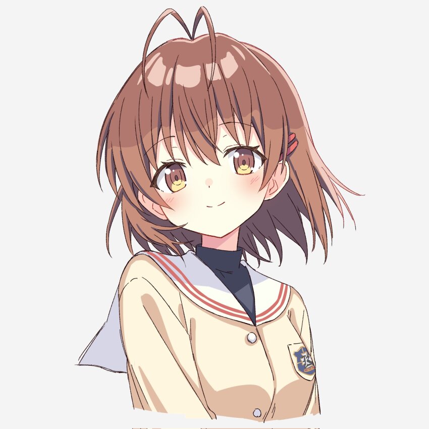 1girl antenna_hair brown_eyes brown_hair clannad closed_mouth dot_nose furukawa_nagisa hair_ornament hairclip highres hikarizaka_private_high_school_uniform looking_at_viewer parallel_hairclips sailor_collar school_uniform setteiset shirt short_hair simple_background smile solo turtleneck upper_body white_background white_sailor_collar yellow_shirt