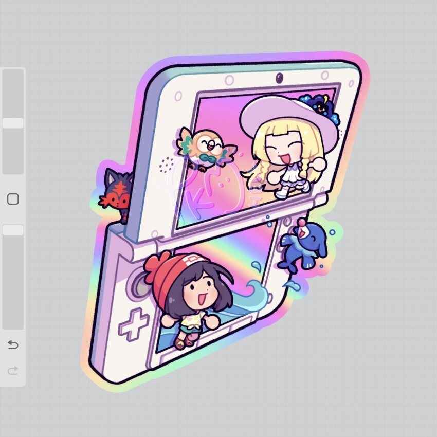 2girls :d ^_^ art_program_in_frame beanie bird blonde_hair cat chibi chibi_only closed_eyes commentary cosmog dot_nose english_commentary gen_7_pokemon grey_background handheld_game_console hat highres legendary_pokemon lillie_(pokemon) litten multiple_girls nintendo nintendo_3ds open_mouth owl poke_ball_print pokemon pokemon_(creature) pokemon_sm popplio print_hat red_hat rowlet selene_(pokemon) smile solid_oval_eyes starter_pokemon_trio submashell sun_hat water waves