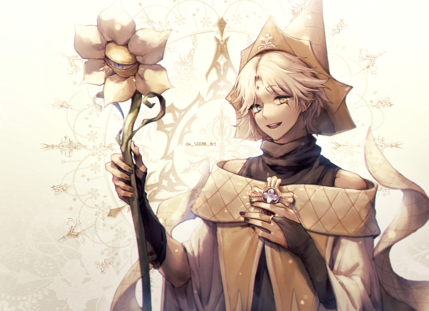 1boy :d absurdres androgynous bare_shoulders black_nails black_shirt blonde_hair blue_eyes bridal_gauntlets brown_hat chromatic_aberration commentary_request cookie_run cookie_run:_kingdom facial_mark flower food-themed_clothes food-themed_hat hand_on_own_chest hands_up hat heterochromia highres holding holding_staff humanization korean_commentary light_particles making-of_available male_focus nail_polish open_mouth pure_vanilla_cookie shirt short_hair simple_background sleeveless sleeveless_shirt sleeveless_turtleneck smile solo staff teeth three-quarter_sleeves tongue turtleneck turtleneck_shirt twitter_username upper_body upper_teeth_only wide_sleeves x_sonak yellow_background yellow_eyes