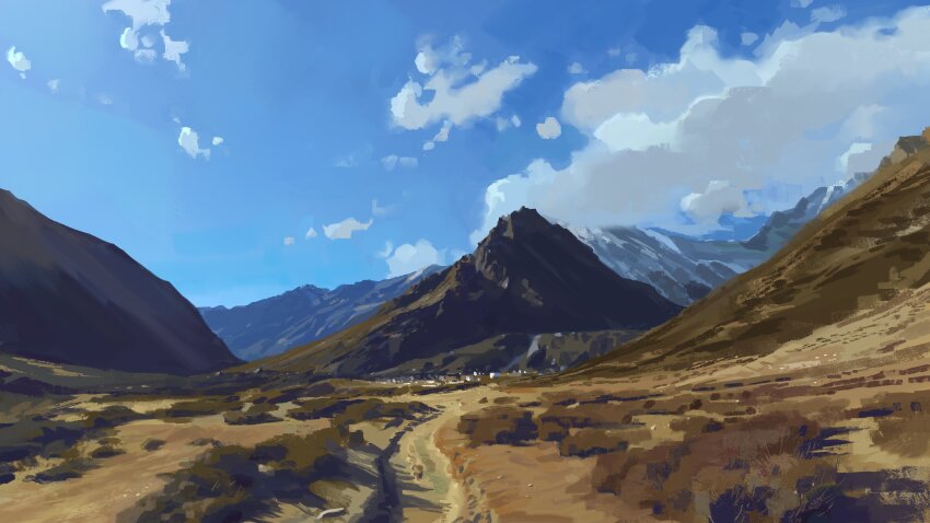 absurdres blue_sky building cloud day dirt_road highres mountainous_horizon no_humans original outdoors road scenery sky sy59871 town valley