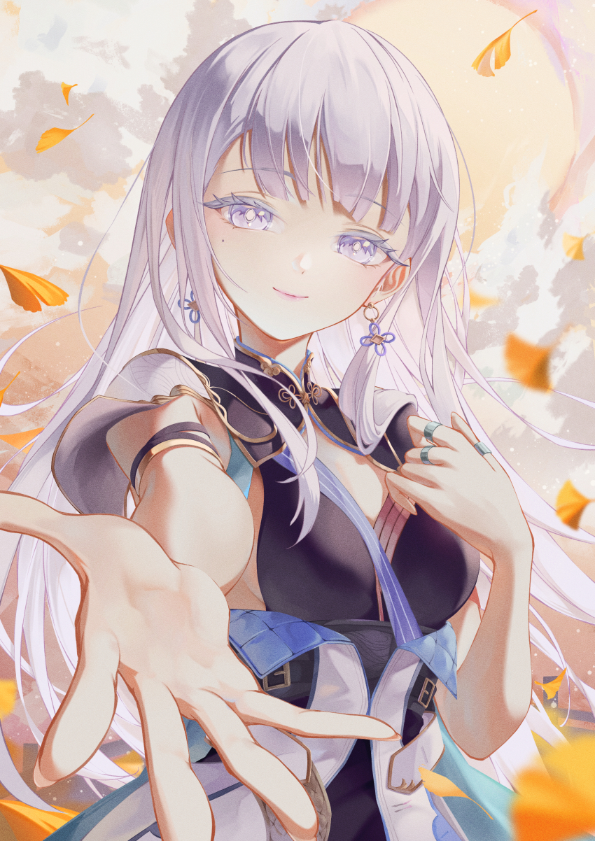 1girl absurdres black_collar black_dress breasts bright_pupils chigusa7h closed_mouth coat collar colored_eyelashes commentary dress earrings hair_spread_out hair_undone hand_up highres jewelry jinhsi_(wuthering_waves) long_hair looking_at_viewer mole mole_under_eye reaching reaching_towards_viewer small_breasts smile solo upper_body very_long_hair white_coat white_eyelashes white_eyes white_hair white_pupils wuthering_waves