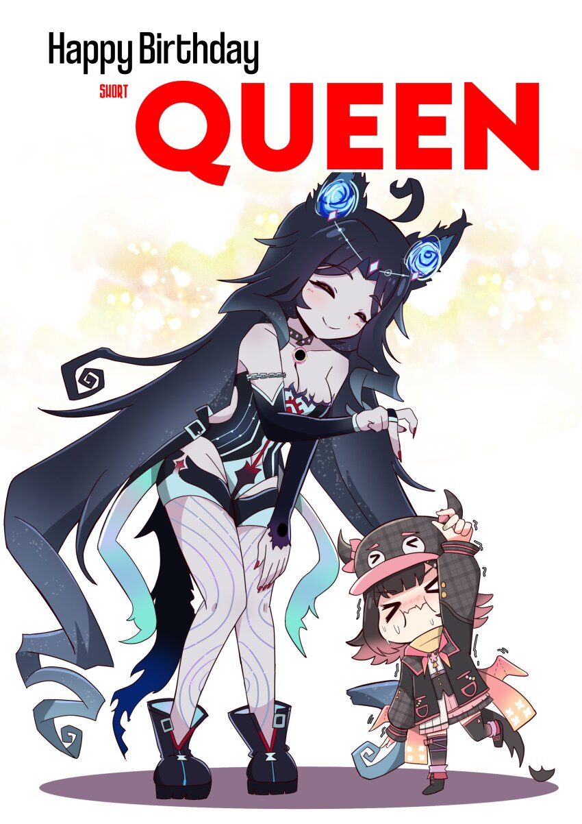 &gt;_&lt; 2girls absurdres ahoge alin_laphel animal_ears arm_up black_boots black_hair black_jacket blush boots bow breasts brown_hair choker cleavage closed_eyes closed_mouth colored_skin commentary detached_sleeves english_commentary english_text eyelashes fraiki_(vtuber) fufu_(vtuber) full_body gradient_hair grey_hat grey_skin hand_on_own_leg happy_birthday hat hat_bow height_difference highres horned_hat indie_virtual_youtuber jacket leotard living_clothes long_hair long_sleeves medium_hair multicolored_hair multiple_girls nail_polish open_clothes open_jacket pink_bow pink_hair red_nails second-party_source shirt short_shorts shorts skirt smile standing standing_on_one_leg strapless strapless_leotard sweat two-tone_hair very_long_hair virtual_youtuber