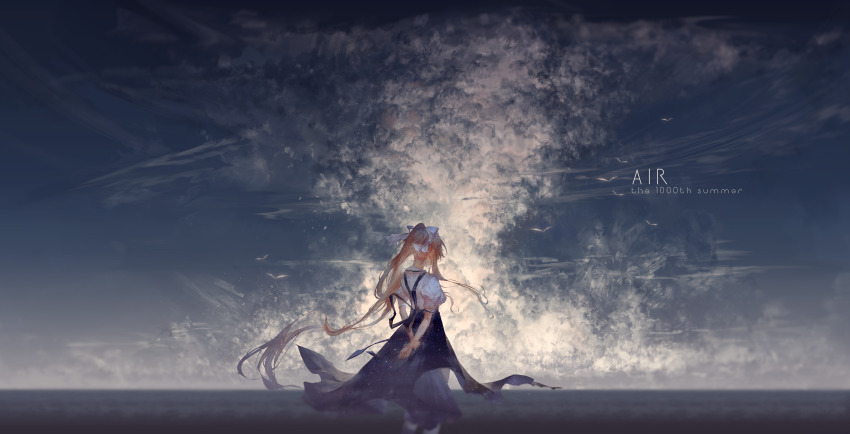 1girl absurdres air_(visual_novel) arms_behind_back brown_hair cloud cumulonimbus_cloud dress from_behind hair_ornament highres huge_filesize kamio_misuzu key_(company) long_hair ocean outdoors pinafore_dress ponytail puffy_short_sleeves puffy_sleeves school_uniform short_sleeves sidelocks sky sleeveless sleeveless_dress solo standing summer very_long_hair yukinoneko