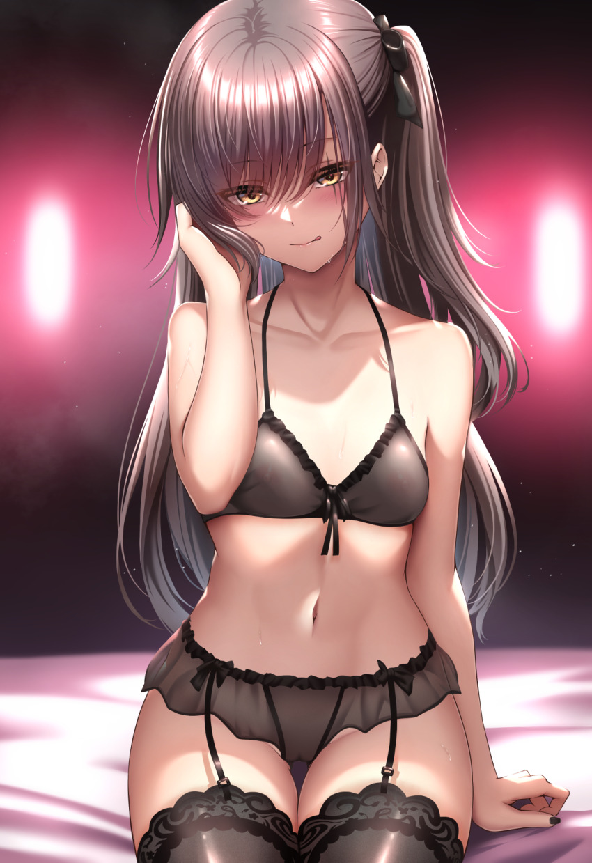 1girl black_bra black_nails black_panties black_ribbon black_thighhighs blush bra breasts brown_hair cameltoe chinese_commentary closed_mouth commentary_request garter_straps girls&#039;_frontline girls&#039;_frontline_2:_exilium hair_ribbon hand_in_own_hair highres leva_(girls&#039;_frontline_2) long_hair looking_at_viewer navel one_side_up panties ribbon scar scar_across_eye scar_on_face sitting small_breasts smile solo textless_version thighhighs tongue tongue_out ump45_(girls&#039;_frontline) underwear underwear_only xlscaler