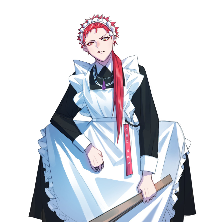 1boy absurdres alternate_costume apron chain chain_necklace crossdressing ear_piercing enmaided fishfall harai_kuko highres holding holding_weapon hypnosis_mic jewelry long_hair long_sleeves maid maid_apron maid_headdress male_maid messy_hair necklace open_mouth piercing ponytail red_hair ring short_hair simple_background squatting weapon white_background yellow_eyes