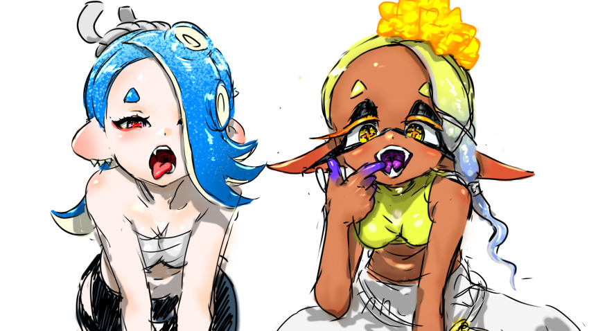 2girls asymmetrical_hair bare_shoulders blonde_hair blue_hair cephalopod_eyes chest_sarashi colored_eyelashes colored_skin crop_top cross-shaped_pupils dark-skinned_female dark_skin earrings fangs finger_in_own_mouth food food_on_head forehead frye_(deep_cut_outfit)_(splatoon) frye_(splatoon) gradient_hair gradient_skin hachimaki hand_up headband highres horizontal_pupils inkling jewelry koharu2.5 light_blue_hair long_hair long_pointy_ears looking_at_viewer multicolored_hair multicolored_skin multiple_earrings multiple_girls nejiri_hachimaki nintendo object_on_head octoling open_mouth orange_pupils pink_eyes pointy_ears purple_skin red_pupils sarashi shirt shiver_(deep_cut_outfit)_(splatoon) shiver_(splatoon) short_eyebrows simple_background sleeveless sleeveless_shirt splatoon_(series) splatoon_3 suction_cups symbol-shaped_pupils teeth tentacle_hair tongue tongue_out tooth_earrings two-tone_hair two-tone_skin uvula white_background yellow_eyes yellow_shirt