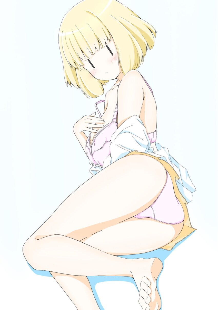 1girl ass azuminonomizua black_eyes blonde_hair bra breasts closed_mouth crotch_seam foot_out_of_frame hand_on_own_chest highres large_breasts light_blush looking_at_viewer lying on_side open_clothes open_shirt panties pink_bra pink_panties shirt short_hair simple_background skirt solo uchi_emiri underwear upskirt watashi_ga_motenai_no_wa_dou_kangaetemo_omaera_ga_warui! white_background white_shirt yellow_skirt |_|