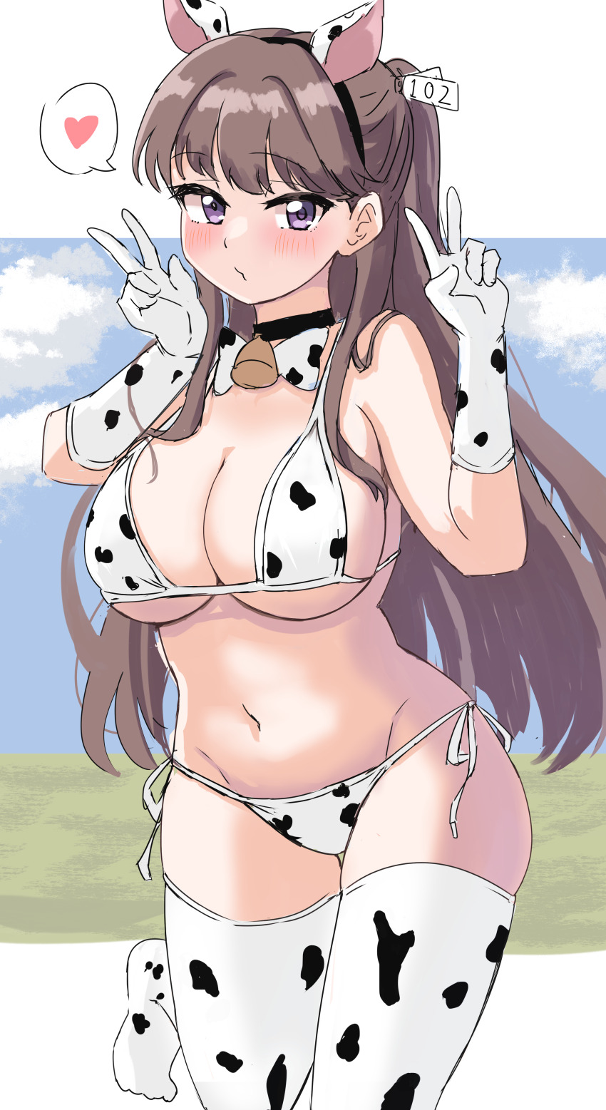 1girl absurdres animal_ear_hairband animal_ears animal_print bikini blue_sky blush bow bowtie breasts brown_hair cleavage commentary_request cow_ears cow_print cow_print_bikini cow_print_bowtie cow_print_thighhighs cowboy_shot ereka fake_animal_ears fujishima_megumi hairband heart highres large_breasts leg_up letterboxed link!_like!_love_live! long_hair looking_at_viewer love_live! o3o outside_border print_bikini print_bow print_bowtie print_thighhighs puckered_lips purple_eyes side-tie_bikini_bottom sky solo speech_bubble spoken_heart swimsuit thighhighs two_side_up virtual_youtuber white_bow white_bowtie