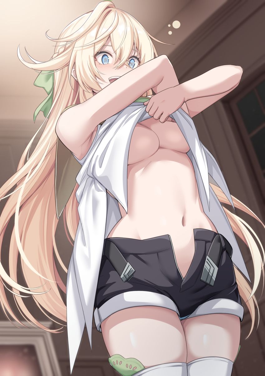 1girl @_@ absurdres belt black_shorts blonde_hair blue_eyes blurry blurry_background breasts clothes_lift commentary crossed_bangs hair_between_eyes highres indoors lifting_own_clothes long_hair medium_breasts navel no_bra official_art open_fly open_mouth second-party_source shiseki_hirame short_shorts shorts sidelocks solo suterare_youhei_wa_jiyuukimama_ni_ikitai teeth thighhighs thighs undressing upper_teeth_only very_long_hair white_thighhighs