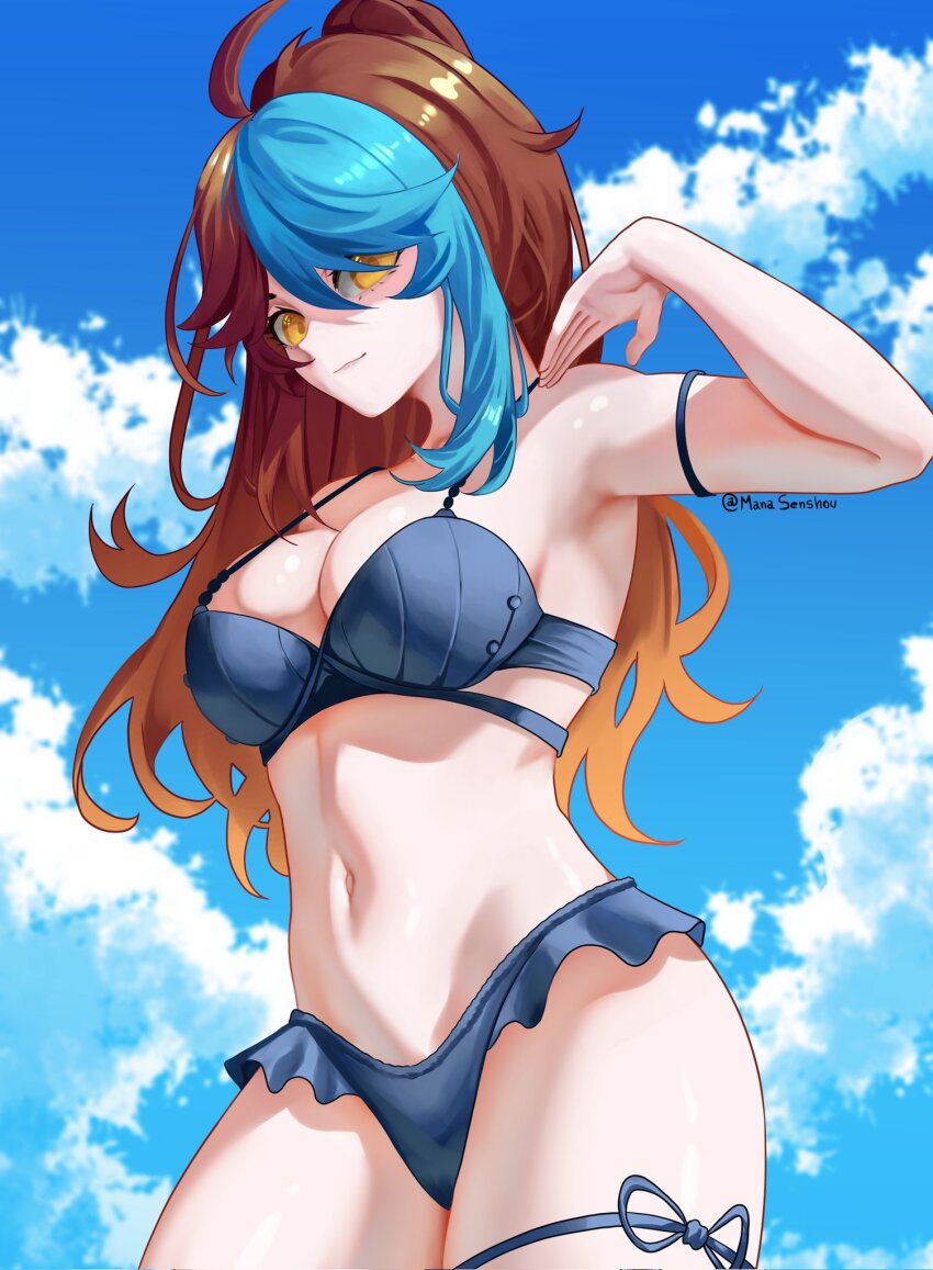 1girl artist_name bikini blue_bikini blue_hair blue_sky breasts brown_hair closed_mouth cloud cowboy_shot day eyebrows eyelashes female_focus frilled_bikini frills from_below hand_up highres indie_virtual_youtuber keirame_(vtuber) large_breasts long_hair looking_at_viewer looking_down mana_(manasenshou) multicolored_hair navel shiny_skin sky solo standing swimsuit two-tone_hair virtual_youtuber yellow_eyes