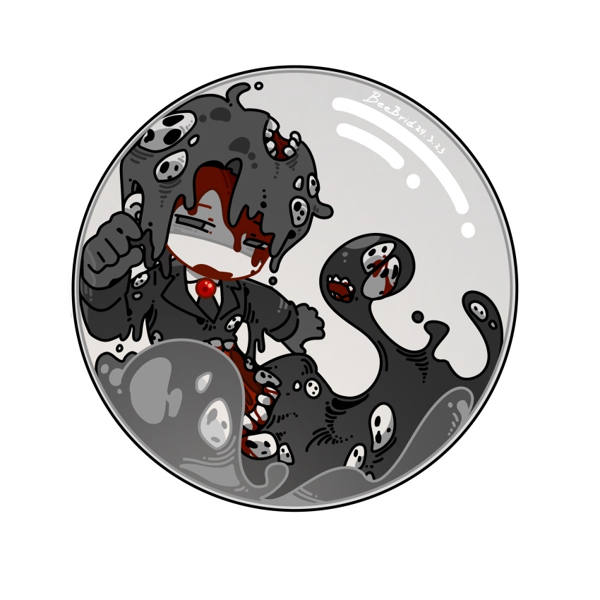 1boy absurdres beeeeeebird black_coat black_eyes black_hair black_necktie brooch bubble coat e.g.o_(project_moon) gem highres jewelry library_of_ruina long_sleeves male_focus mountain_of_smiling_bodies necktie open_mouth project_moon red_gemstone roland_(project_moon) simple_background smile_(e.g.o) solo white_background