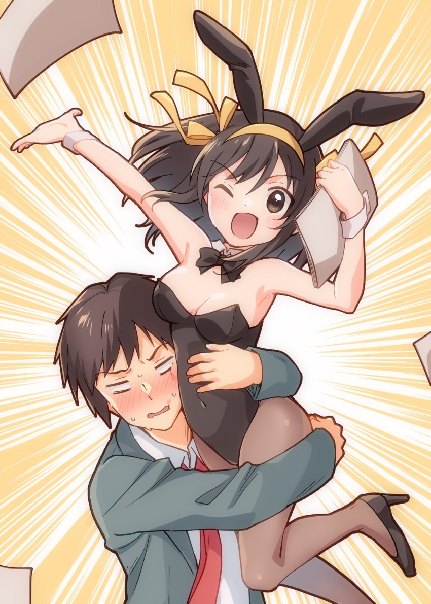 1boy 1girl ;d arm_up black_bow black_bowtie black_footwear black_leotard blazer blush bow bowtie breasts brown_eyes brown_hair carrying carrying_person cleavage collared_shirt commentary_request detached_collar flying_paper green_jacket hair_ribbon hairband high_heels highres holding holding_paper hug jacket kita_high_school_uniform kyon leotard long_sleeves looking_at_viewer medium_breasts medium_hair necktie official_alternate_costume one_eye_closed open_clothes open_jacket open_mouth paper playboy_bunny red_necktie ribbon school_uniform shirt short_hair smile suzumiya_haruhi suzumiya_haruhi_no_yuuutsu sweat taiki_(6240taiki) white_shirt wrist_cuffs yellow_hairband yellow_ribbon