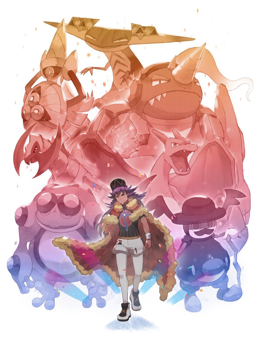 1boy absurdres aegislash baseball_cap bright_pupils cape champion_uniform charizard closed_mouth commentary_request dark-skinned_male dark_skin dragapult facial_hair fur-trimmed_cape fur_trim game_freak gen_1_pokemon gen_4_pokemon gen_5_pokemon gen_6_pokemon gen_8_pokemon hat haxorus highres leggings leon_(pokemon) long_hair male_focus mr._rime nintendo odd_(hin_yari) pokemon pokemon_(creature) pokemon_swsh purple_hair red_cape rhyperior seismitoad shield_print shirt shoes short_shorts short_sleeves shorts smile sword_print white_legwear white_pupils white_shorts