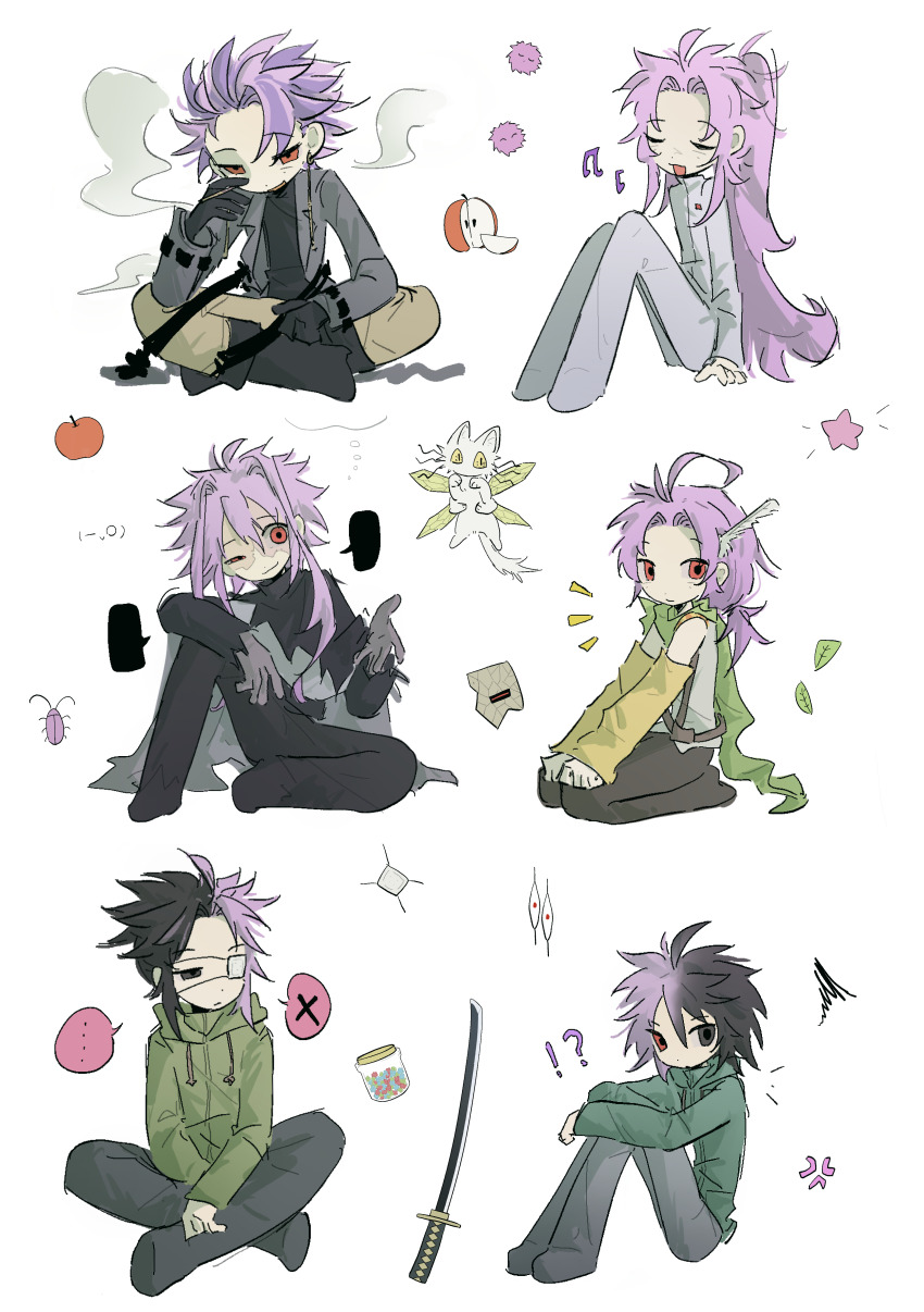 !? ... 6+boys absurdres ahoge alternate_hairstyle anger_vein apple belt black_belt black_boots black_cape black_eyes black_gloves black_hair black_pants black_shirt black_shoes blank_speech_bubble boots brown_pants bug cape chinese_commentary cigarette closed_eyes closed_mouth coat commentary_request creature curtained_hair detached_sleeves dita_iliner drawstring earrings eyepatch feather_hair_ornament feathers food fruit gloves godzylla_(saibou_shinkyoku) green_jacket green_scarf grey_coat grey_gloves grey_shirt hair_between_eyes hair_intakes hair_ornament hands_on_own_knees hatsutori_hajime heterochromia high_collar highres holding holding_cigarette hood hood_down hooded_jacket indian_style jacket jewelry katana lapels leaf long_hair long_sleeves male_focus medical_eyepatch multicolored_hair multiple_boys musical_note mutsushika_misumi nanami_izu nijou_ryuu notched_lapels notice_lines open_belt open_clothes open_coat open_mouth pants parted_bangs patchwork_skin pink_hair ponytail purple_hair red_eyes saibou_shinkyoku scarf seiza shirt shoes short_hair short_hair_with_long_locks sitting sleeveless sleeveless_shirt smile smoke speech_bubble split-color_hair spoken_ellipsis spoken_x squiggle star_(symbol) sword theodore_riddle translation_request two-tone_hair uneven_eyes weapon white_jacket white_pants white_shirt yellow_sleeves z_(z656284462)