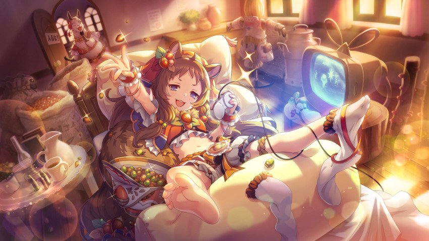1girl acorn animal_ears bed brown_hair game_console long_hair looking_at_viewer lying official_art princess_connect! purple_eyes lima_(princess_connect!) rin_(princess_connect!) socks squirrel_girl television