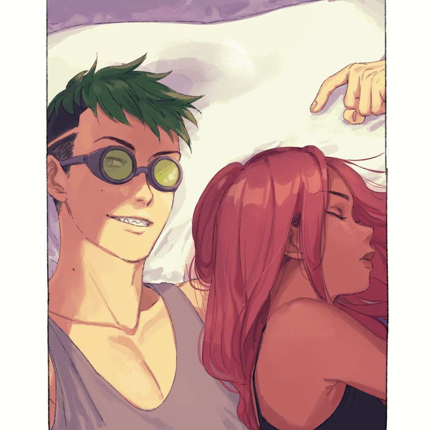1boy 1girl 2gou alternate_hairstyle apex_legends collarbone couple dark_skin dark-skinned_female goggles green_hair grey_tank_top hetero highres lifeline_(apex_legends) long_hair mole mole_on_neck mole_under_eye octane_(apex_legends) pectorals pillow pointing pointing_at_another pointing_down red_hair selfie sharp_teeth sleeping smile tank_top teeth
