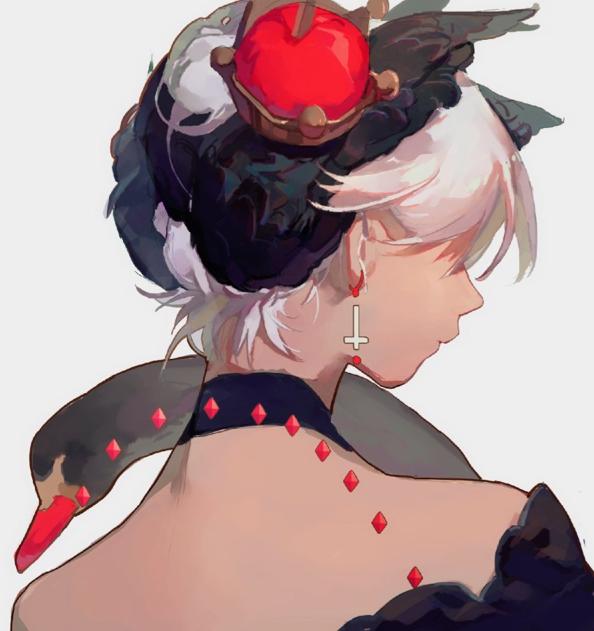 1girl animal bare_shoulders bird black_ribbon black_swan_(bird) black_swan_(movie) choker commentary_request cross cross_earrings crown crystal earrings from_behind hair_ornament hair_ribbon highres inverted_cross japanese_clothes jewelry kimono mini_crown off_shoulder portrait profile redum4 ribbon simple_background solo swan updo white_background white_hair wing_hair_ornament