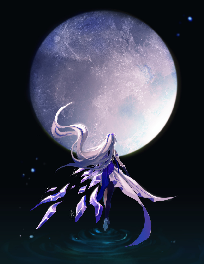 1girl absurdres back black_gloves black_thighhighs commentary_request crown dress full_moon gloves high_heels highres honkai_(series) honkai_impact_3rd kiana_kaslana kiana_kaslana_(herrscher_of_flamescion) kiana_kaslana_(time_runner) kokotuo latin_commentary long_hair moon night night_sky ponytail single_thighhigh sky sleeveless sleeveless_dress solo star_(sky) thighhighs very_long_hair white_dress white_hair