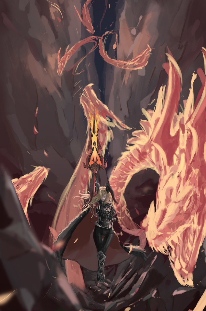 1girl absurdres armor blonde_hair blurry blurry_background cape dragon fate/grand_order fate_(series) fire gem green_gemstone highres holding holding_sword holding_weapon horns jinj0121 long_hair looking_at_viewer nero_claudius_(fate) pantyhose queen_draco_(fate) raising_arm solo sword weapon