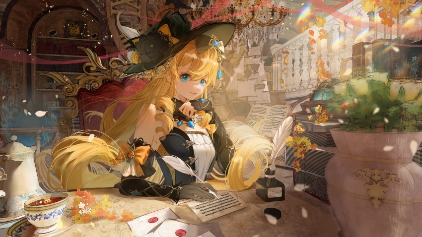 1girl absurdres baidi_de_xiao_weiba bare_shoulders black_dress black_gloves black_hat blonde_hair blue_eyes book book_stack chair closed_mouth cup desk detached_collar detached_sleeves dress drill_hair drill_sidelocks envelope genshin_impact gloves hanging_light hat highres holding holding_quill indoors inkwell letter long_hair looking_at_viewer navia_(genshin_impact) on_chair plant quill sidelocks single_glove sitting smile solo strapless strapless_dress teacup teapot upper_body vase very_long_hair wax_seal writing