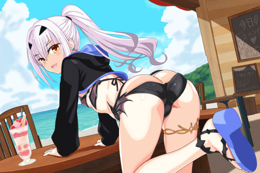 1girl ass beach bikini black_bikini blush breasts butt_crack cropped_jacket fate/grand_order fate_(series) food forked_eyebrows high_ponytail jewelry ketsuryuukou long_hair long_sleeves looking_at_viewer looking_back melusine_(fate) melusine_(swimsuit_ruler)_(fate) melusine_(swimsuit_ruler)_(first_ascension)_(fate) open_mouth parfait ponytail sandals shrug_(clothing) sidelocks small_breasts smile solo swimsuit thighlet thighs white_hair yellow_eyes