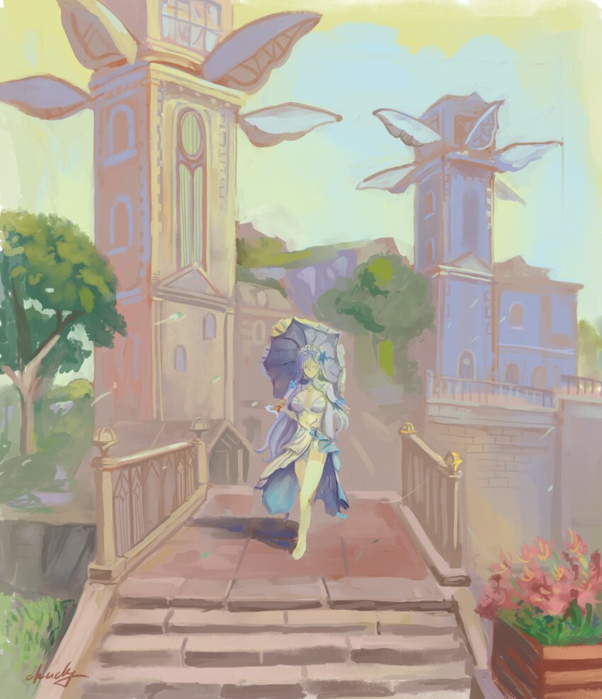 1girl absurdres blue_flower breasts cantarella_(wuthering_waves) chucky_(chucky1000sun) commentary_request dress flower hair_flower hair_ornament headdress highres holding holding_umbrella large_breasts long_hair outdoors parasol purple_hair purple_umbrella single_thighhigh solo thighhighs umbrella very_long_hair white_dress white_thighhighs wide_shot wuthering_waves