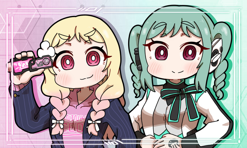 2girls absurdres blonde_hair blush braid breasts closed_mouth coat commentary_request cosplay gradient_hair green_eyes green_hair hand_up hiden_aruto hiden_aruto_(cosplay) highres holding hood hoodie is_(kamen_rider_01) is_(kamen_rider_01)_(cosplay) kamen_rider kamen_rider_01_(series) kiminho_sakurako long_hair long_sleeves looking_at_viewer love_live! love_live!_superstar!! medium_breasts medium_hair multicolored_hair multiple_girls onitsuka_natsumi onitsuka_tomari pink_hair pink_hoodie red_eyes remembering siblings sisters smile smug twin_braids twintails white_coat