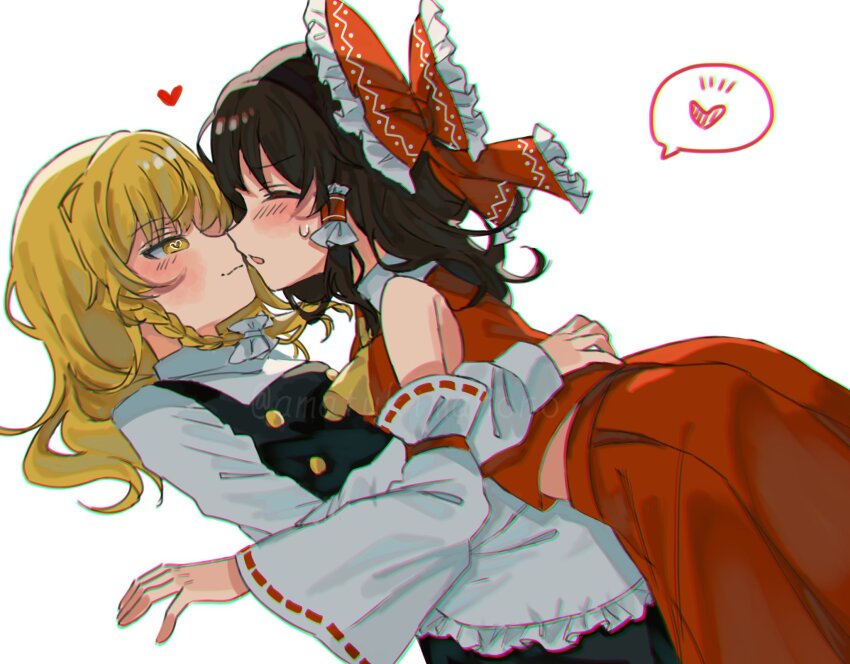 2girls amatukimahoro apron black_hair black_skirt black_vest blonde_hair blush bow braid chromatic_aberration closed_mouth detached_sleeves frilled_bow frilled_hair_tubes frills hair_bow hair_tubes hakurei_reimu hand_on_another&#039;s_back heart heart-shaped_pupils highres imminent_kiss kirisame_marisa long_hair long_sleeves multiple_girls pleated_skirt red_bow red_skirt ribbon-trimmed_sleeves ribbon_trim shirt side_braid single_braid skirt spoken_heart symbol-shaped_pupils touhou twitter_username vest watermark white_apron white_background white_bow white_shirt white_sleeves wide_sleeves yellow_eyes yuri