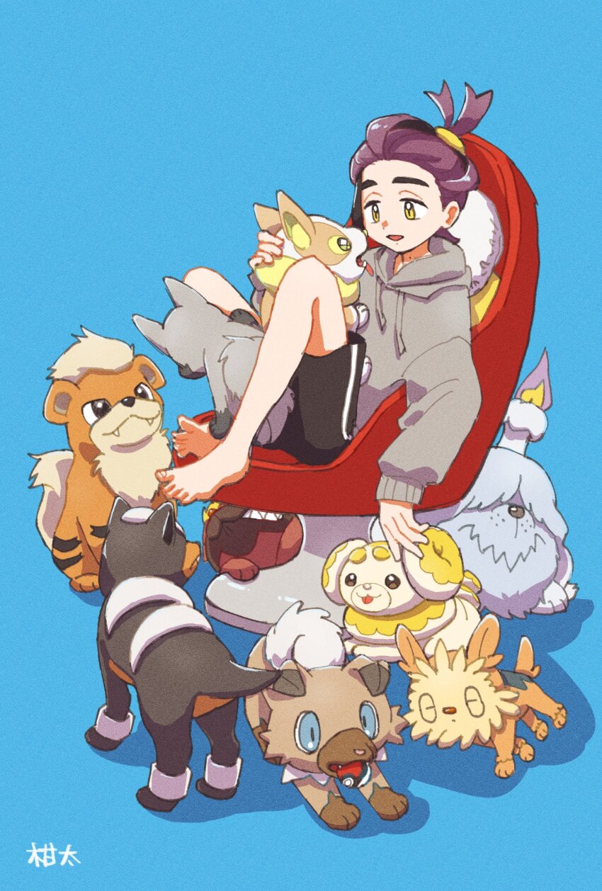 1boy alternate_costume barefoot black_eyes black_hair black_shorts blue_background blue_eyes chair closed_eyes fangs fidough full_body gen_1_pokemon gen_2_pokemon gen_3_pokemon gen_5_pokemon gen_7_pokemon gen_8_pokemon greavard grey_hoodie growlithe highres hood hood_down hoodie houndour kanchan_kani kieran_(pokemon) lillipup long_sleeves male_focus maschiff mole mole_on_neck nintendo open_mouth pokemon pokemon_(creature) pokemon_sv poochyena purple_hair rockruff shorts simple_background sitting tongue tongue_out yamper yellow_eyes