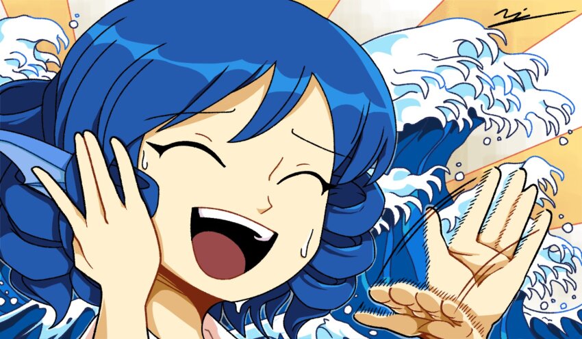 1girl :d blue_hair closed_eyes drill_hair drill_sidelocks fine_art_parody fins head_fins highres kanagawa_okinami_ura open_mouth parody sidelocks smile solo sweatdrop teeth touhou upper_body upper_teeth_only wakasagihime yoiy_san