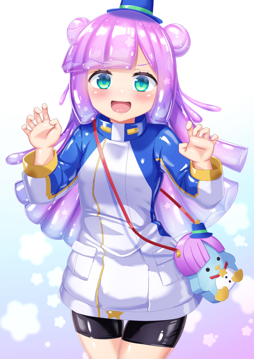 1girl :d absurdres animal_bag bike_shorts blue_hair blue_hat blunt_bangs commentary_request cowboy_shot double_bun gradient_hair green_eyes hair_bun hands_up hat highres jacket long_hair long_sleeves looking_at_viewer mini_hat mini_top_hat monster_girl multicolored_hair naka_(cheeseyeast) open_mouth puniru_(puniru_wa_kawaii_slime) puniru_wa_kawaii_slime purple_hair slime_girl smile solo standing top_hat white_background