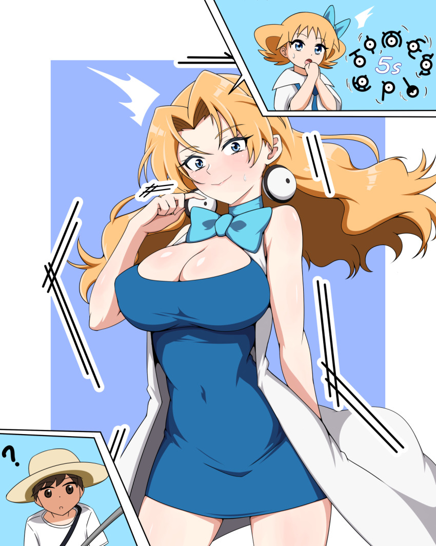 1boy 1girl ? ^^^ blonde_hair blue_dress bow bowtie breasts cleavage closed_mouth commentary_request commission covered_navel dress eyelashes floating_hair gen_2_pokemon hand_up hands_up hat highres led_(pixiv190491) long_hair molly_hale multiple_views nintendo pixiv_commission pokemon pokemon_(anime) pokemon_(classic_anime) pokemon_3:_the_movie_-_spell_of_the_unown:_entei shirt short_dress strap sweatdrop t-shirt unown white_shirt
